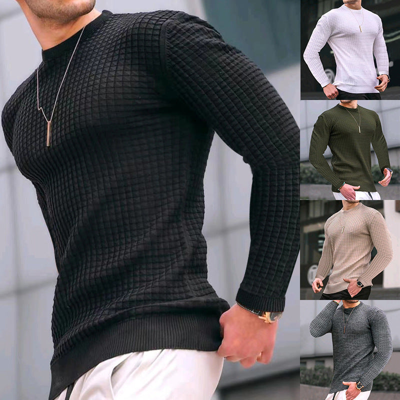 Men's fitted waffle round neck sweater made of fine knit with ribbed cuffs StylebySassy