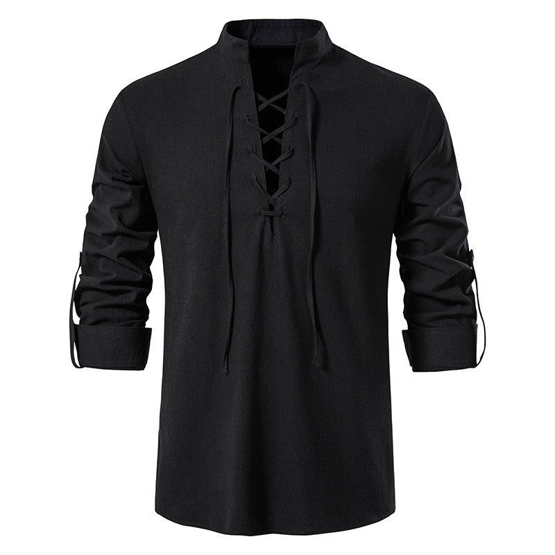 Men's casual lace-up shirt with stand-up collar, linen-cotton blend and roll-up sleeve tabs StylebySassy