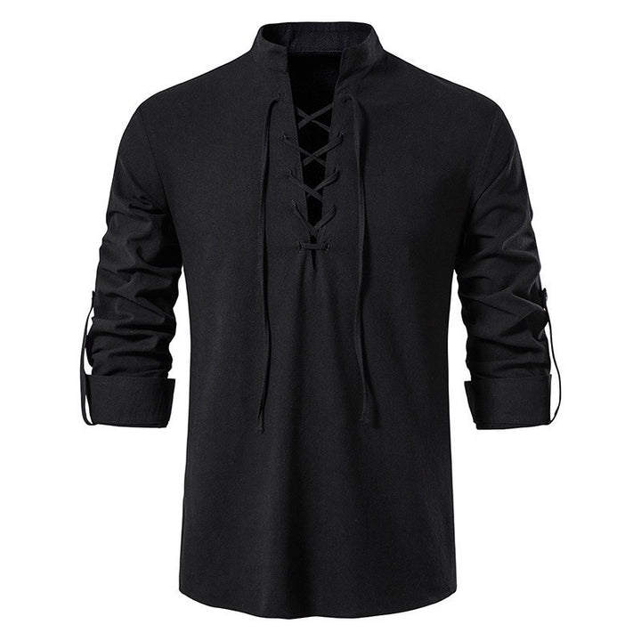 Men's casual lace-up shirt with stand-up collar, linen-cotton blend and roll-up sleeve tabs StylebySassy