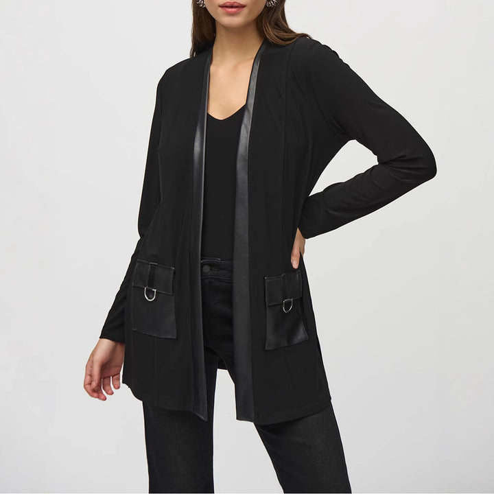Women’s open jersey cardigan with faux leather trim and D-ring pockets StylebySassy
