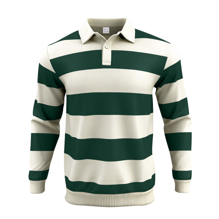 Men's striped rugby polo shirt made of cotton blend with short button placket and ribbed cuffs StylebySassy