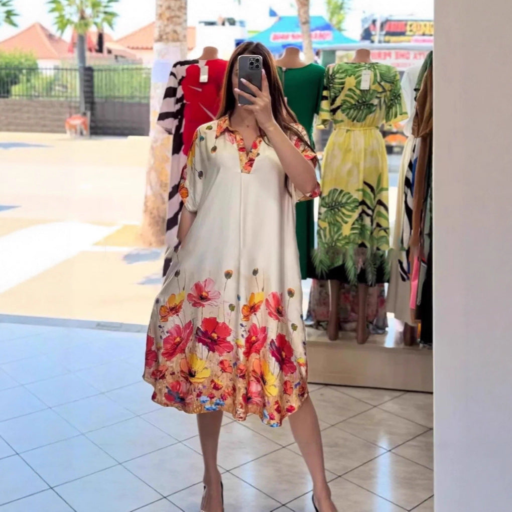 Women's lightweight shirt dress with floral border print, open V-neck and side pockets StylebySassy
