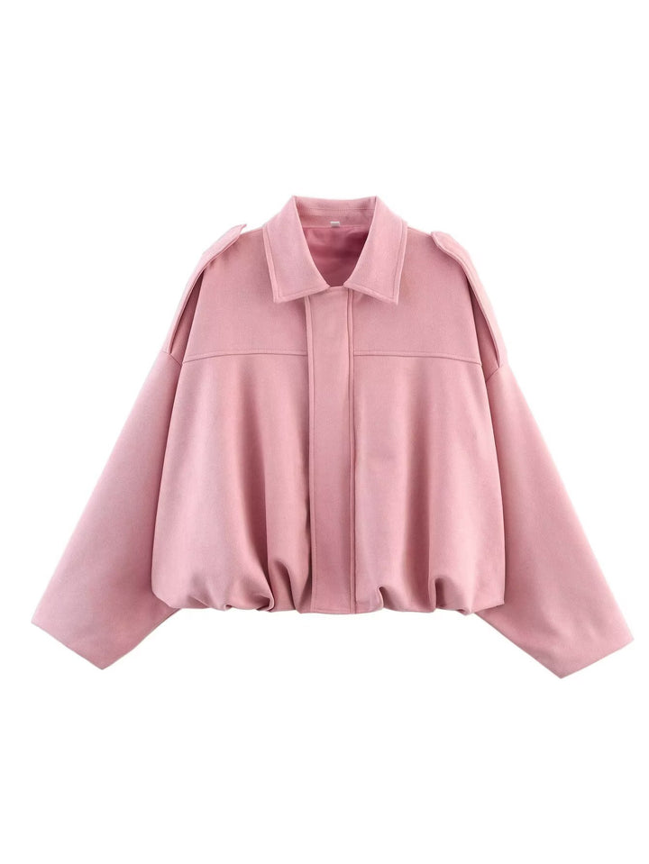 Women's loose short jacket with balloon hem, concealed closure and shoulder flaps StylebySassy