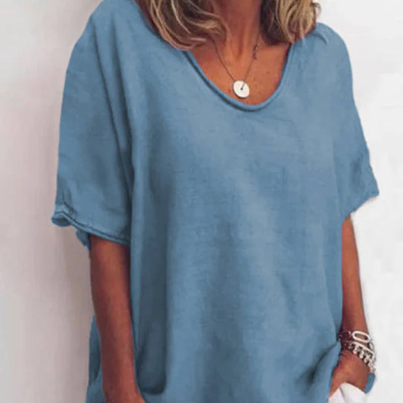 Women's loose linen blend tunic with dropped shoulder and rounded hem StylebySassy