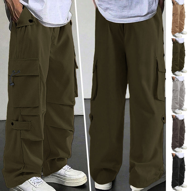 Men's baggy cargo pants with utilitarian flap pockets, drawstring waistband, and reinforced seams StylebySassy