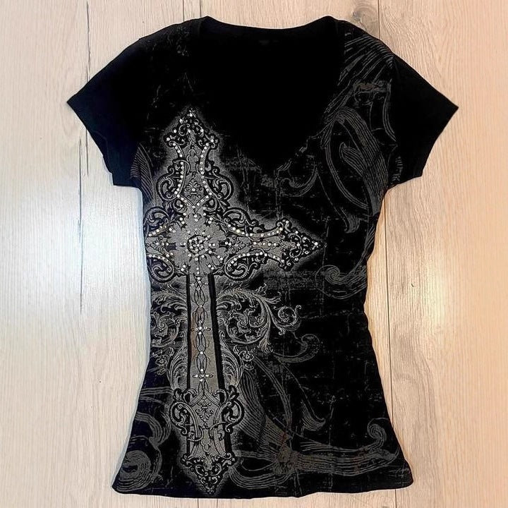 Women's T-shirt with elaborate cross design and rhinestone accents StylebySassy