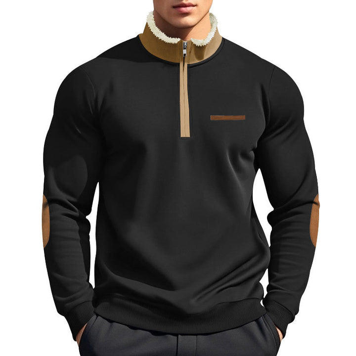 Men's half-zip troyer with teddy fleece collar and leather elbow patches StylebySassy