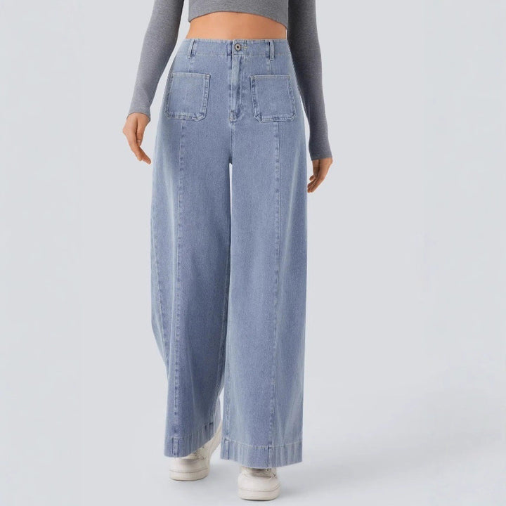 Women's high-waisted wide jeans pants with patch front pockets and vertical decorative seam StylebySassy