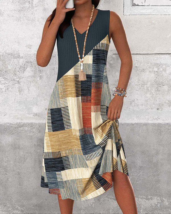 Ladies' sleeveless V-neck midi dress with diagonal patchwork pattern and ribbed top StylebySassy