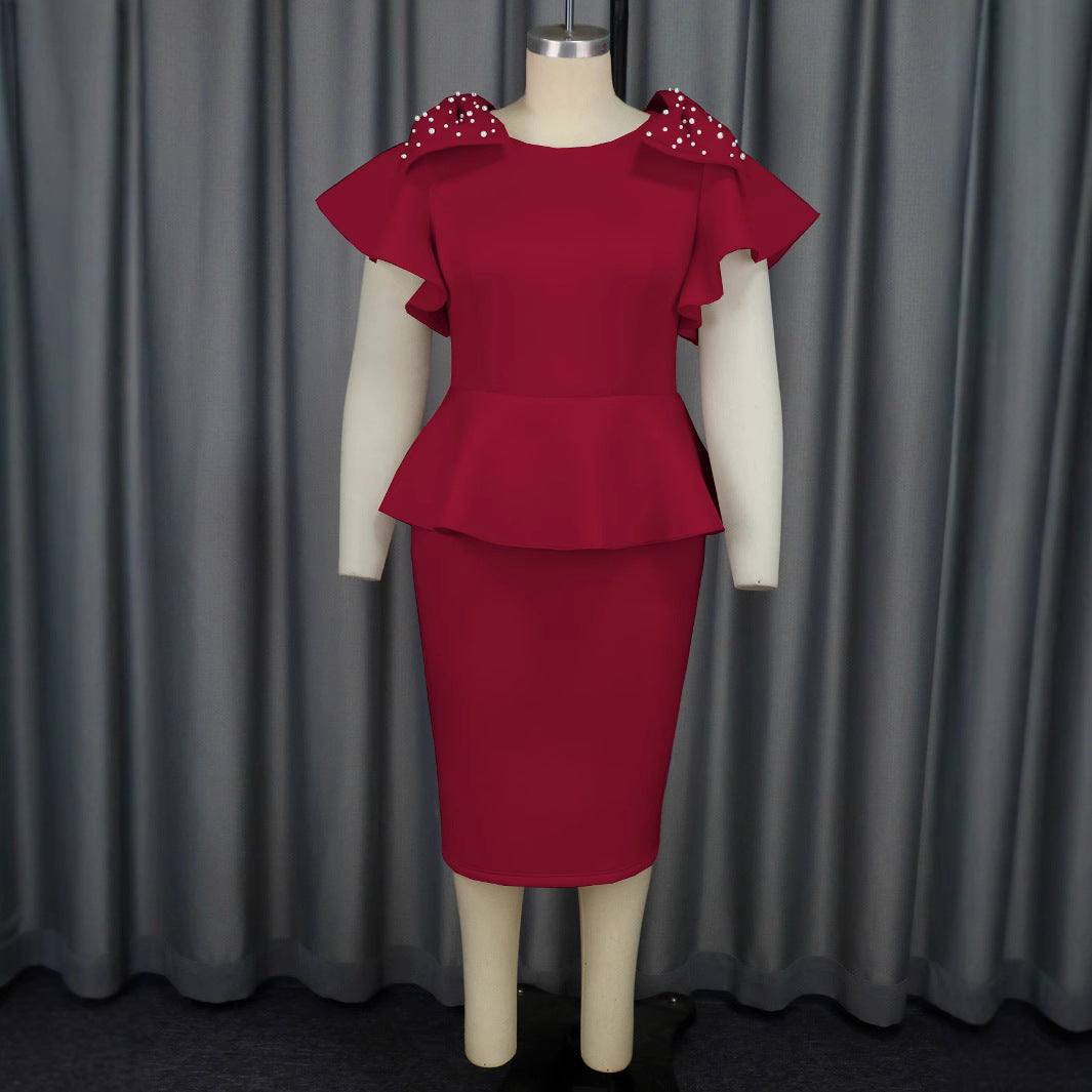 Women's Elegant Dress with Voluminous Ruffle Hems and Pearl Accents StylebySassy