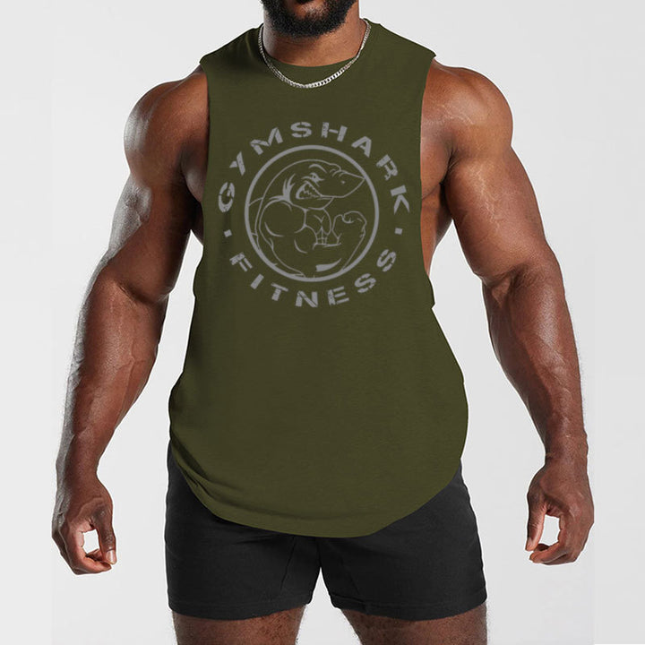 Men's sleeveless muscle shirt with extra deep arm openings and large logo print StylebySassy