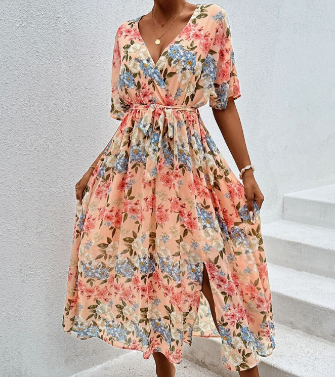 Women's floral V-neck tie dress with fitted belt and side leg slit StylebySassy