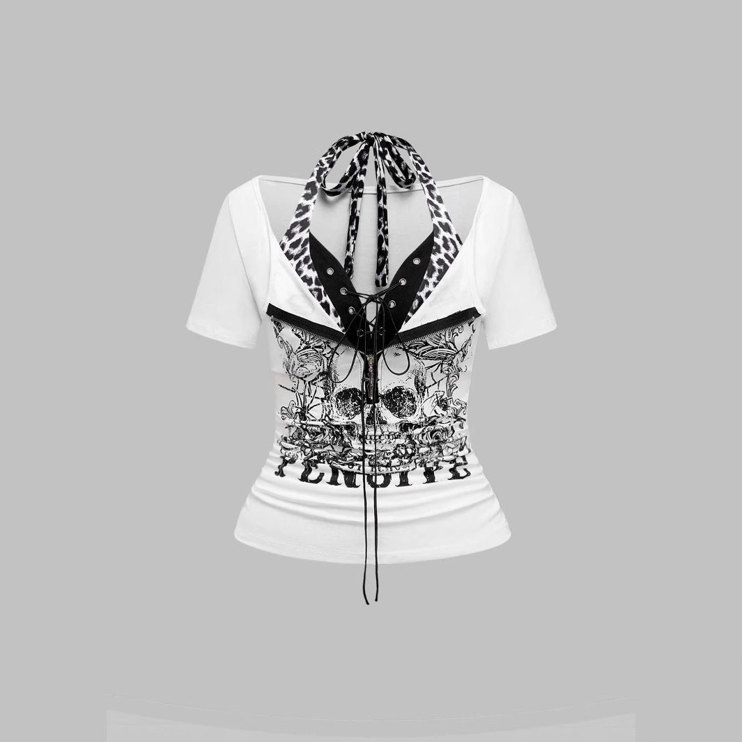 Women's Trendy Crop Top with Unique Graphic Print and Lace-Up Details StylebySassy