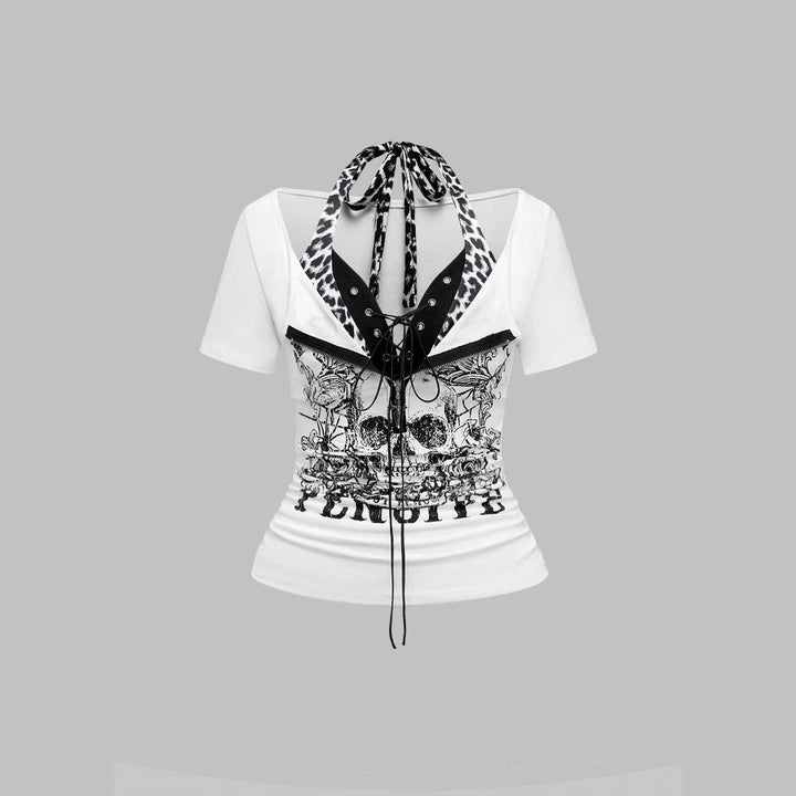 Women's Trendy Crop Top with Unique Graphic Print and Lace-Up Details StylebySassy