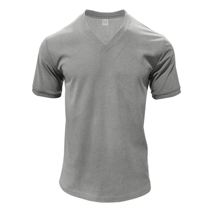 Men's structured V-neck ribbed jersey shirt with short sleeves and a slim fit StylebySassy