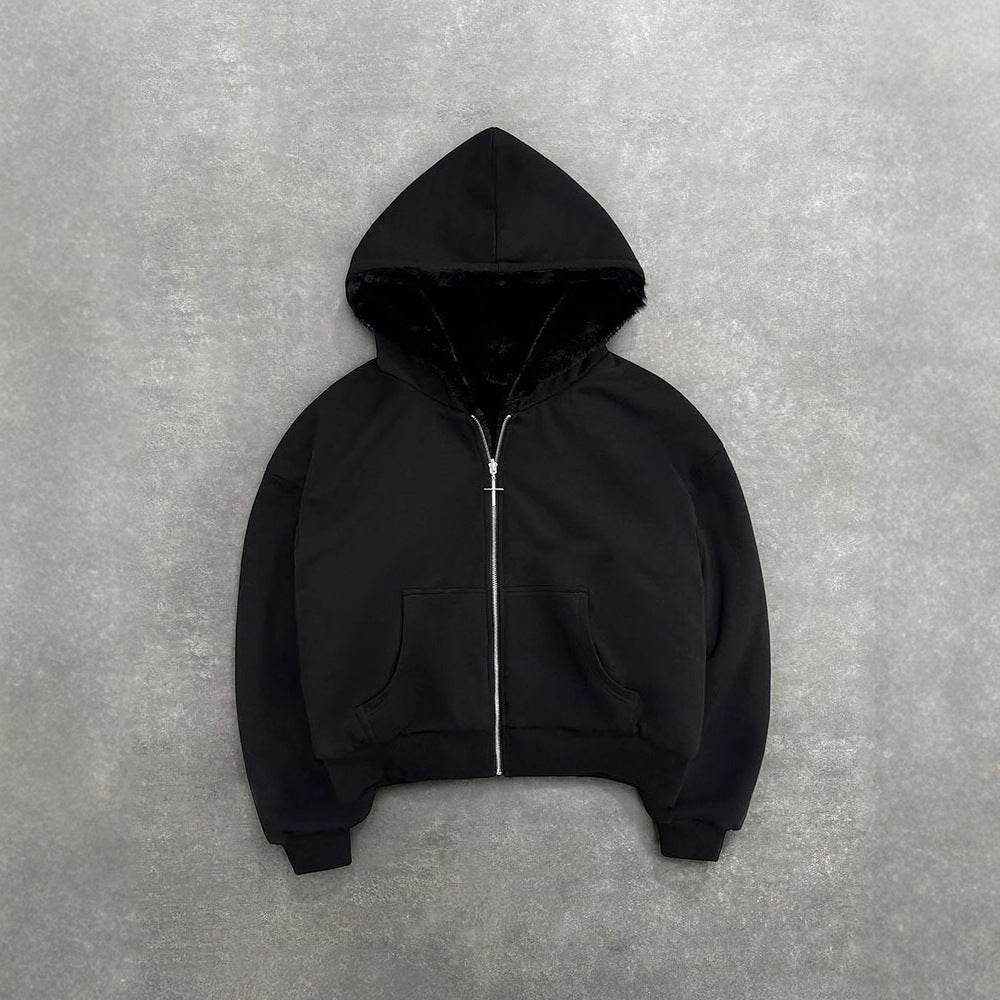 Women's short hooded jacket with faux fur lining, zipper and kangaroo pocket StylebySassy