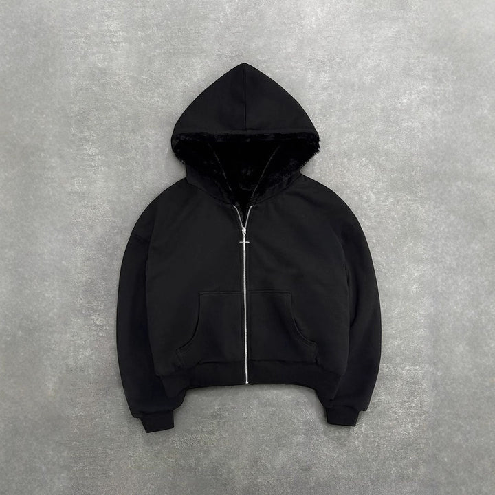 Women's short hooded jacket with faux fur lining, zipper and kangaroo pocket StylebySassy