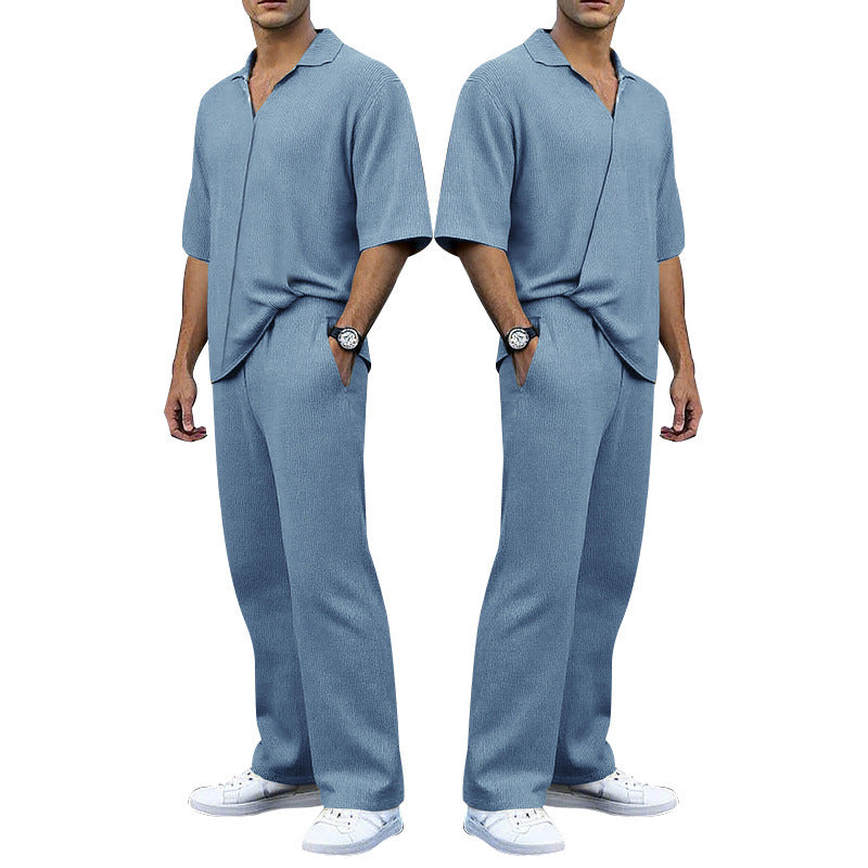 Men's finely structured two-piece set with open polo collar short sleeve shirt and straight comfort waistband pants StylebySassy