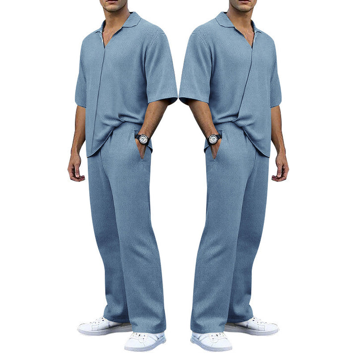 Men's finely structured two-piece set with open polo collar short sleeve shirt and straight comfort waistband pants StylebySassy