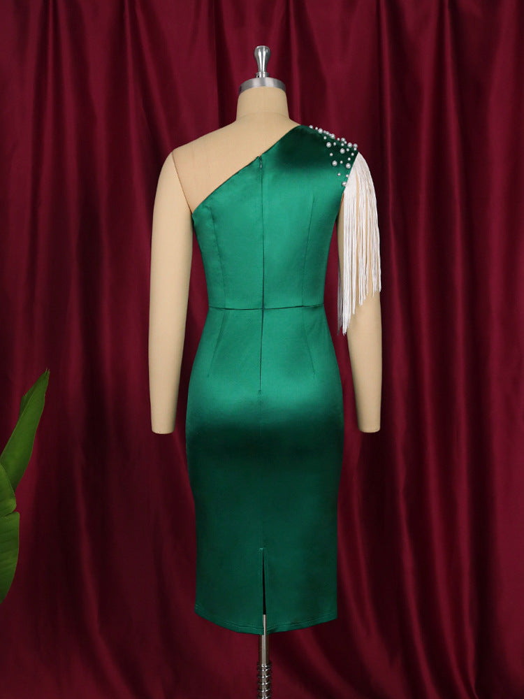 Ladies Elegant Asymmetrical Cocktail Dress with Pearl and Fringe Details StylebySassy
