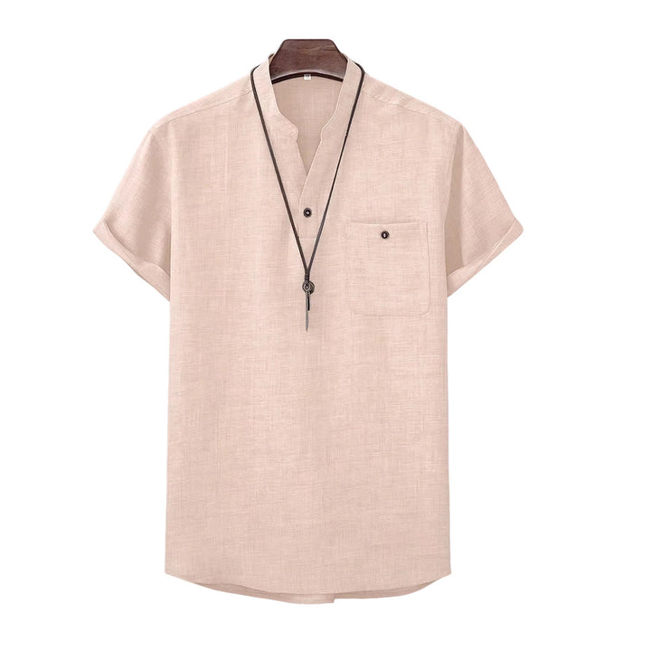 Men's casual Mandarin-style short-sleeve shirt with half-button placket, patch chest pocket, and rounded hem StylebySassy