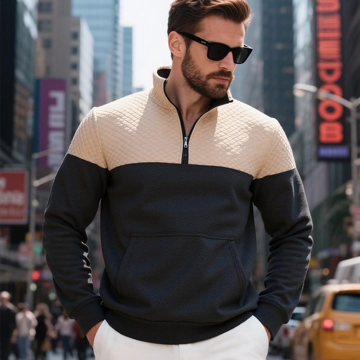 Men's quilted shoulder yoke half-zip sweater with kangaroo pocket and stand collar StylebySassy