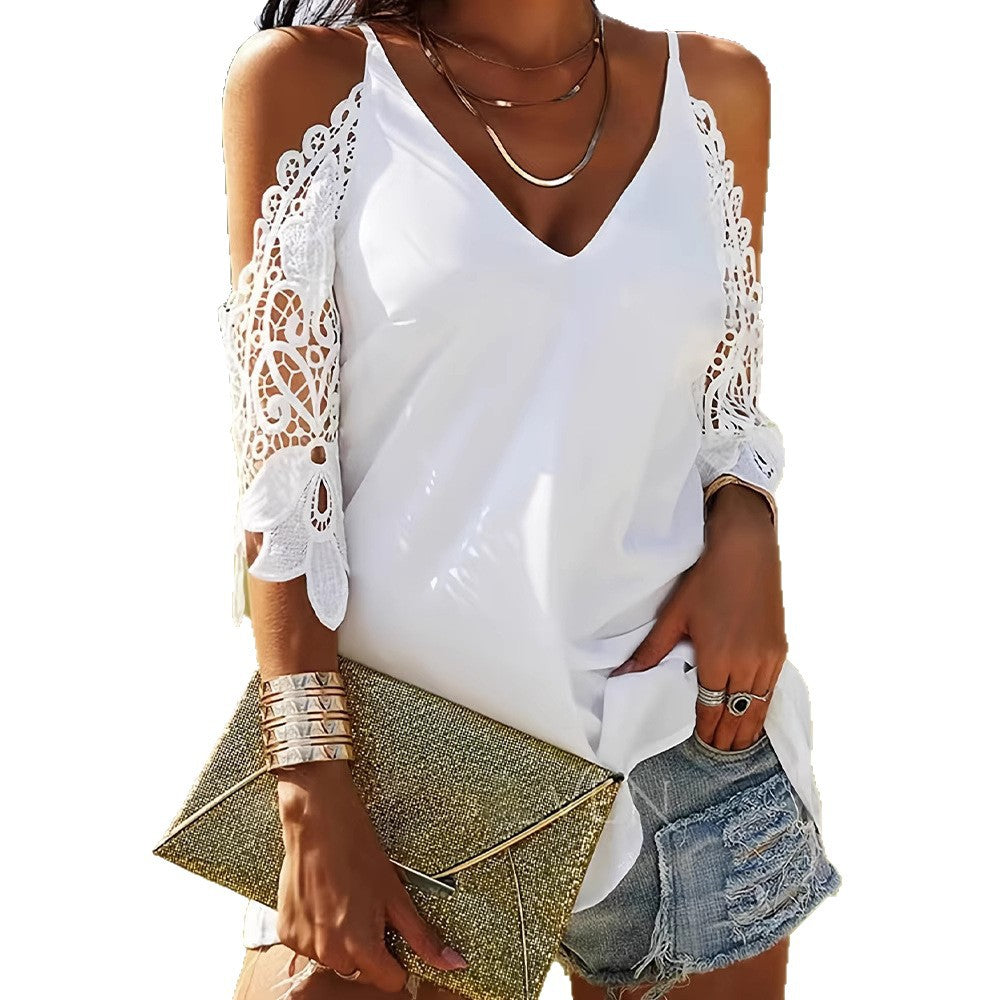 Women's off-the-shoulder spaghetti strap top with crocheted lace sleeves and V-neck StylebySassy