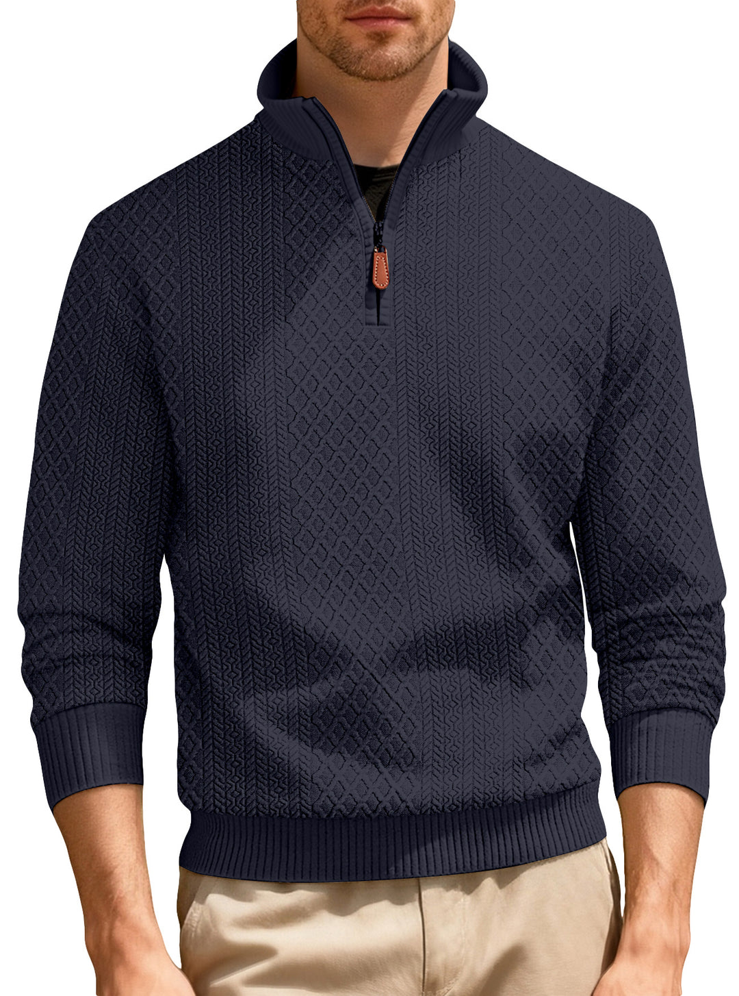 Men's half-zip pullover in fine-structured jacquard relief with high stand-up collar and leather zipper StylebySassy