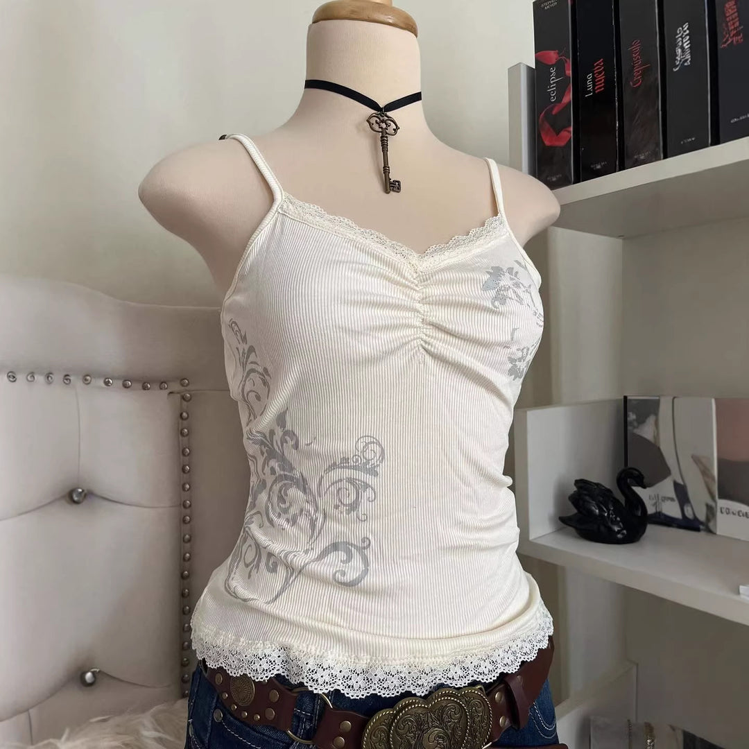 Women Playful Spaghetti Strap Top with Lace Details StylebySassy