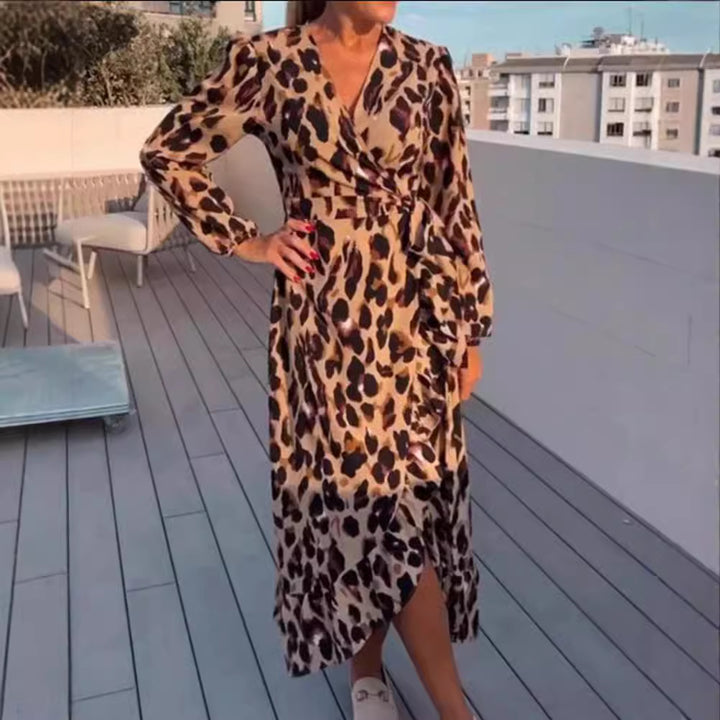 Women’s wrap midi dress with waist tie, V-neck, balloon sleeves and asymmetrical hem StylebySassy
