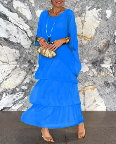 Women's layered tiered maxi dress with wide batwing top and tiered ruffle skirt StylebySassy