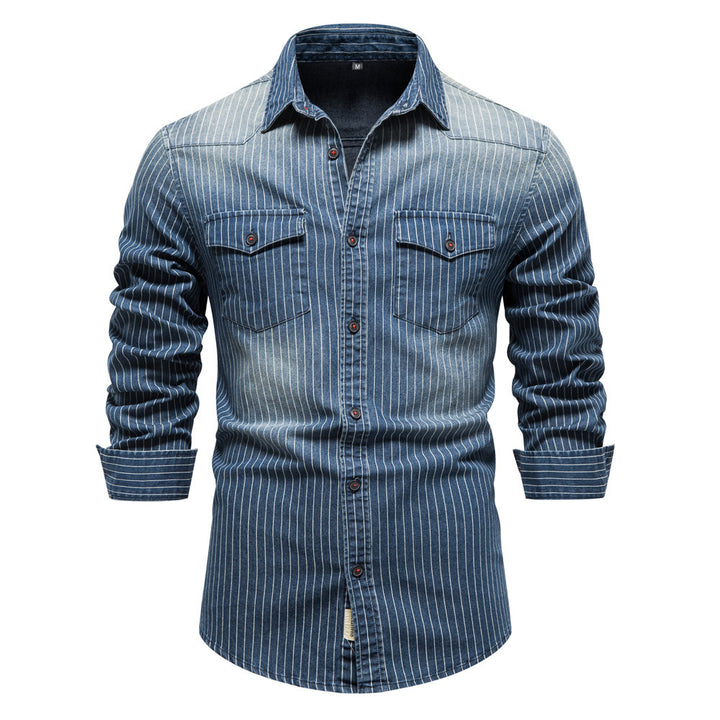 Men's tailored long-sleeve denim shirt with pinstripes and patch pockets StylebySassy