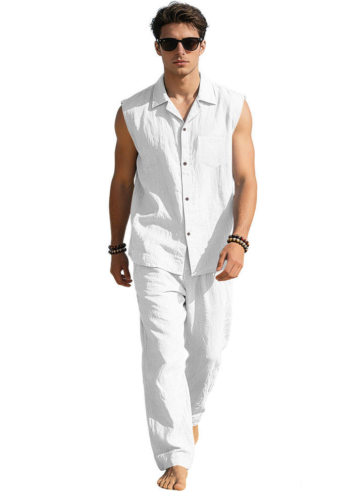 Men's sleeveless linen leisure set with lapel collar, chest pocket, and straight pants StylebySassy