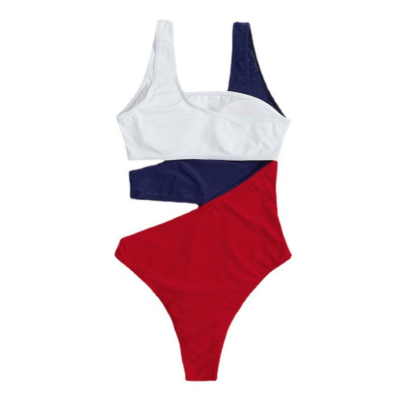 Women's one-piece swimsuit with asymmetric design and colorful contrast areas StylebySassy