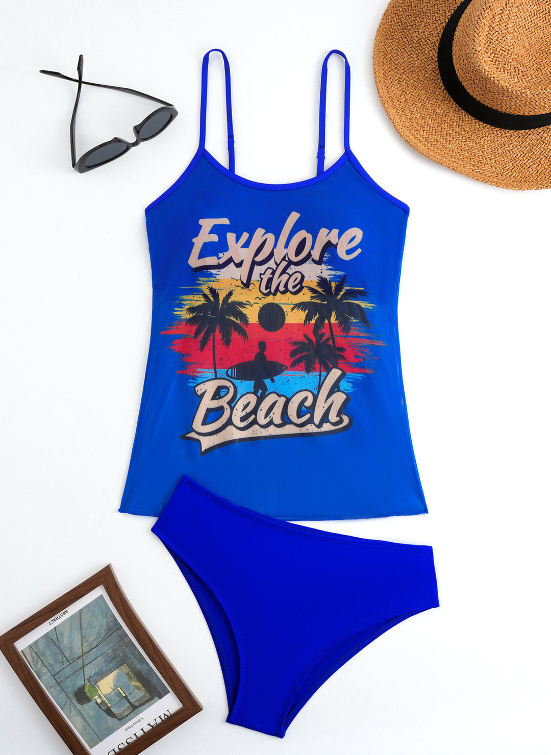 Women's beach top with colorful graphic design and matching bikini bottom StylebySassy