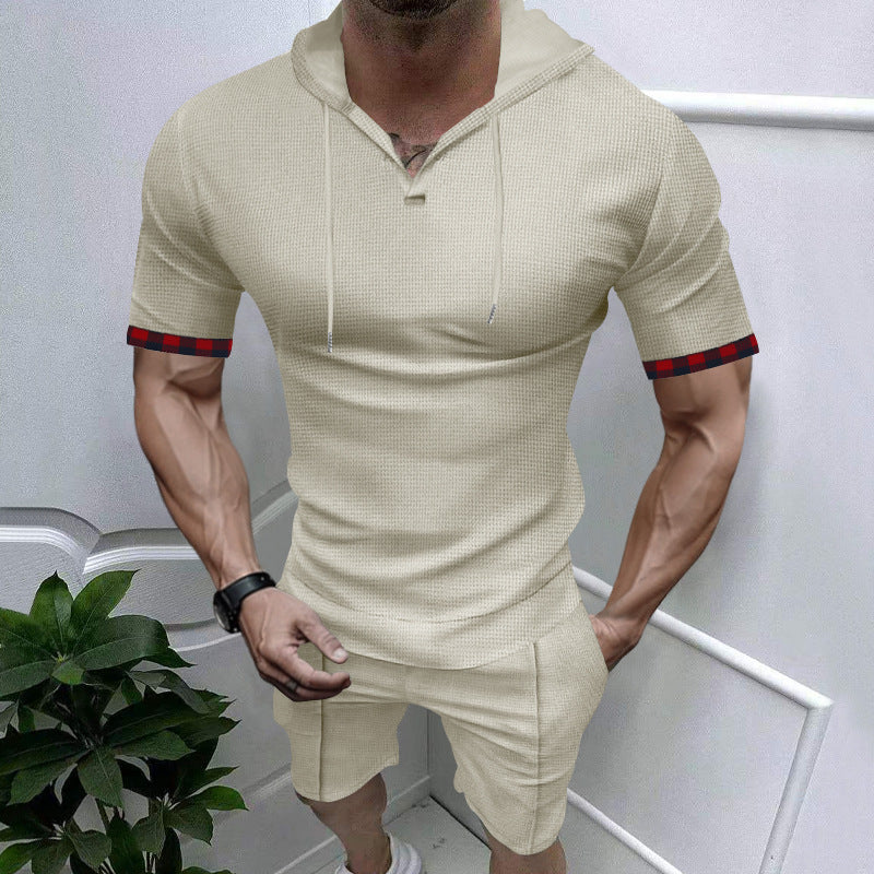 Men's summery hooded lounge set in lightweight waffle texture with short sleeve hoodie Henley opening and comfortable shorts StylebySassy