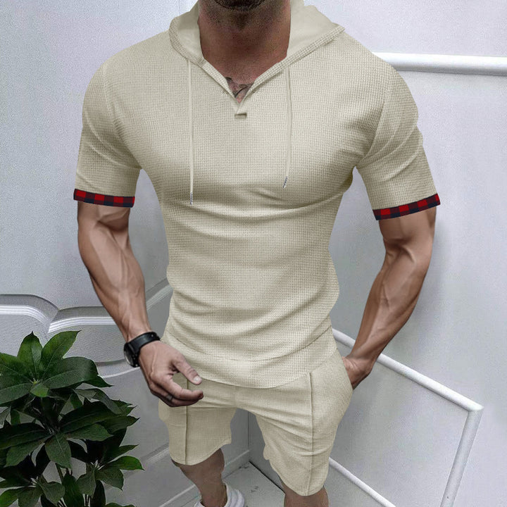 Men's summery hooded lounge set in lightweight waffle texture with short sleeve hoodie Henley opening and comfortable shorts StylebySassy