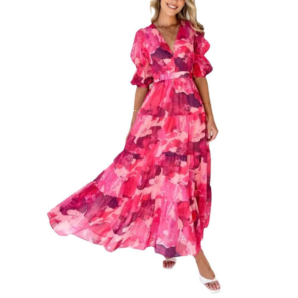 Ladies multi-layered maxi dress in ruffle tiered look with V-neck and gathered empire waist StylebySassy