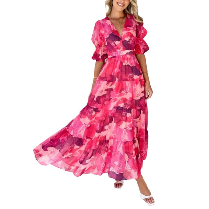 Ladies multi-layered maxi dress in ruffle tiered look with V-neck and gathered empire waist StylebySassy