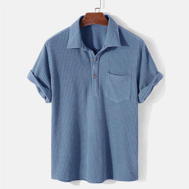 Men's waffle knit polo with shirt collar, short button placket and chest pocket StylebySassy