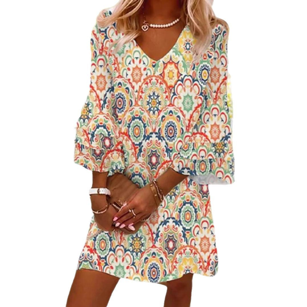 Women's fall A-line mini dress with V-neck, three-quarter bell sleeves, and ornamental mandala print StylebySassy