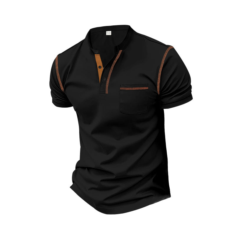 Men's short-sleeve polo in Henley style with stand-up collar, chest pocket and contrast stitching StylebySassy