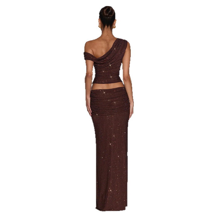 Women Shiny Top with Asymmetrical Cut and Glamorous Rhinestone Details StylebySassy