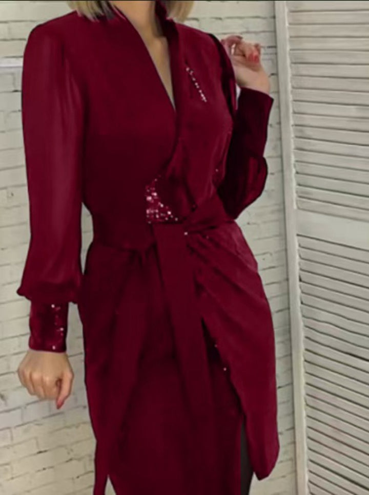 Women's tailored wrap dress with semi-transparent puff sleeves, subtle sequin trim and tie belt StylebySassy