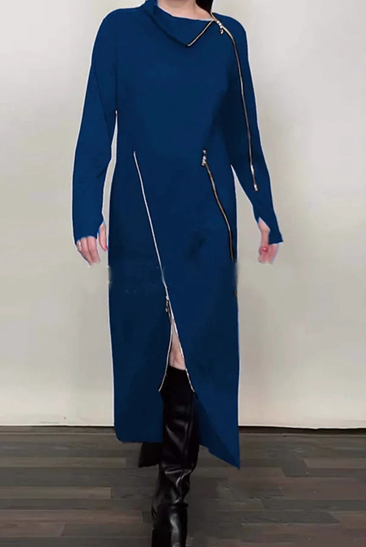 Women's Long Knit Dress with Asymmetric Metal Zippers and Front Slit StylebySassy