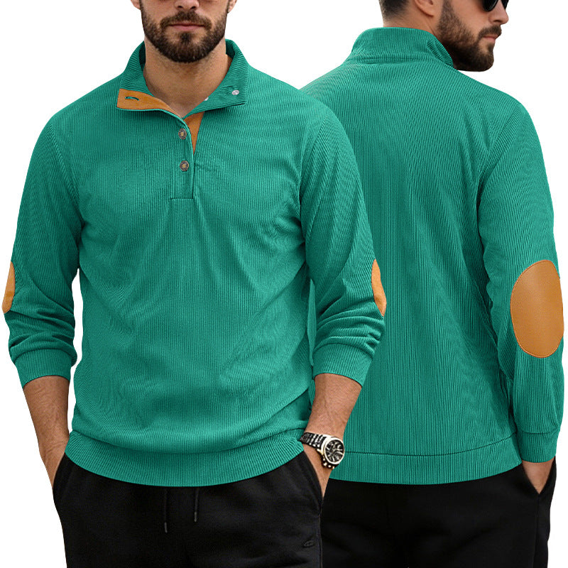 Men's casual structured sweater with polo collar, short button placket and vegan leather trims StylebySassy
