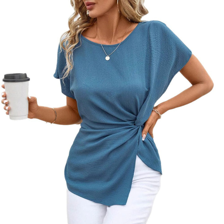 Women's fitted short sleeve draped shirt with side knot sling and textured crepe look StylebySassy