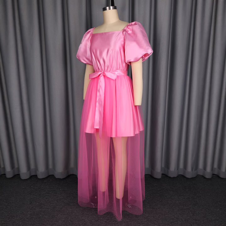 Ladies Elegant Tulle Dress with Puff Sleeves and Bow Tie