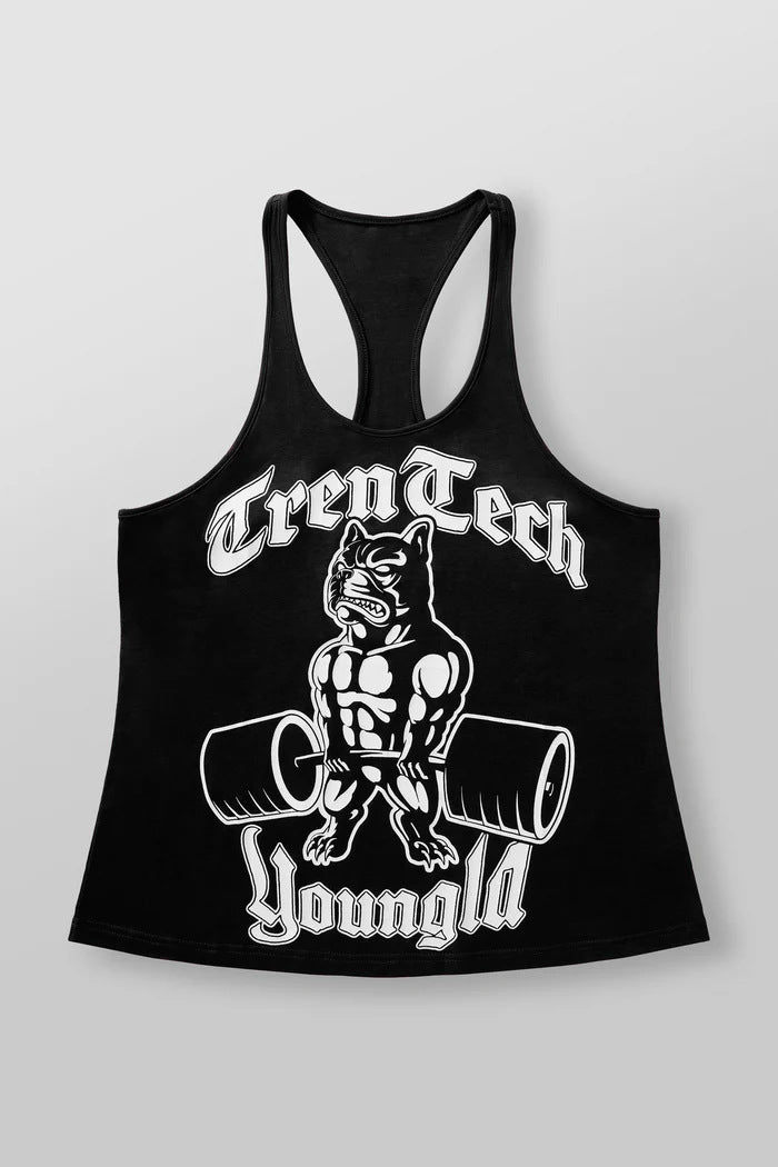 Men's form-fitting fitness tank top with bulldog graphic and extra deep armholes StylebySassy