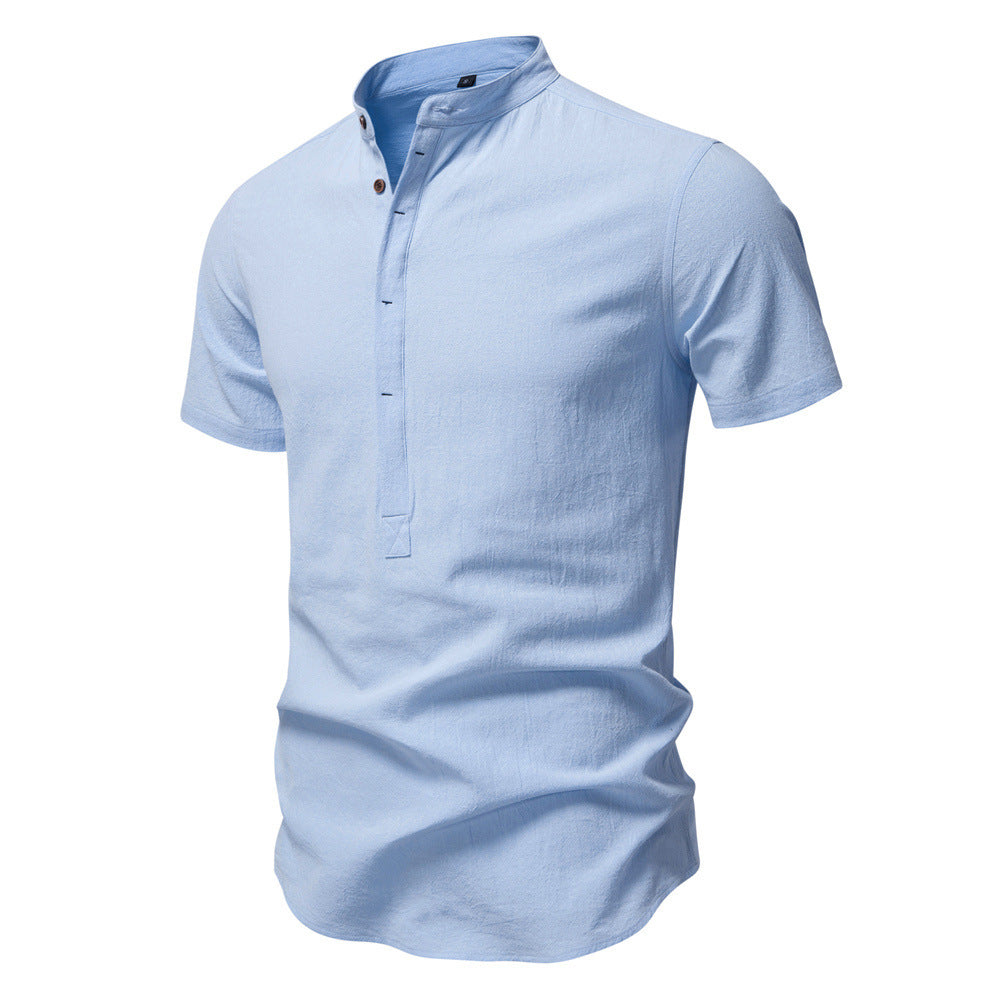 Men's casual short-sleeve shirt with stand-up collar, half button placket, and lightly textured cotton-linen quality StylebySassy